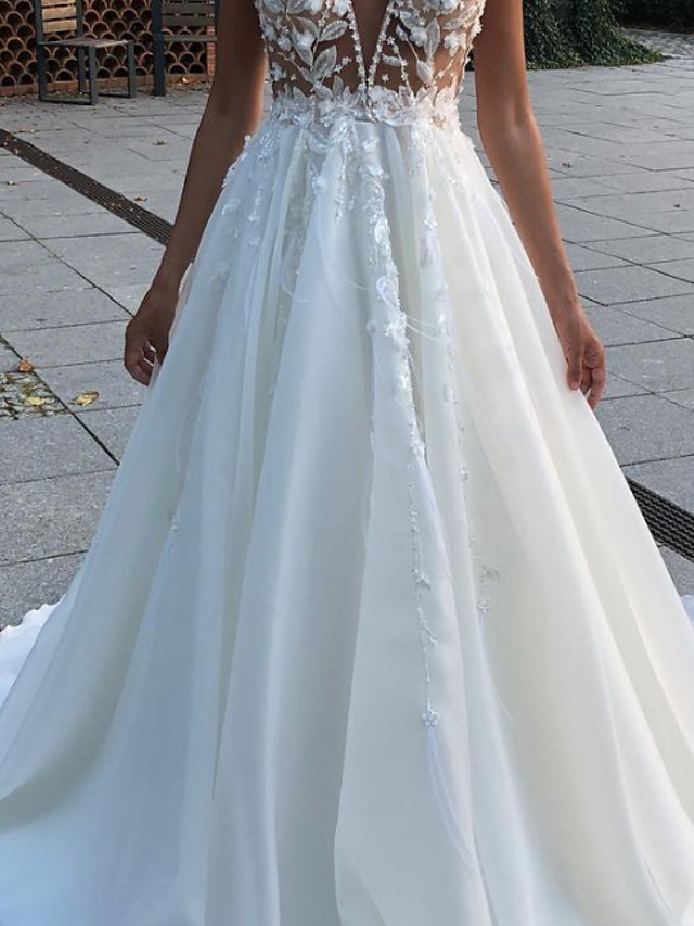 A-line V-neck Sleeveless Sweep / Brush Train Tulle Wedding Gown With Lace 3
