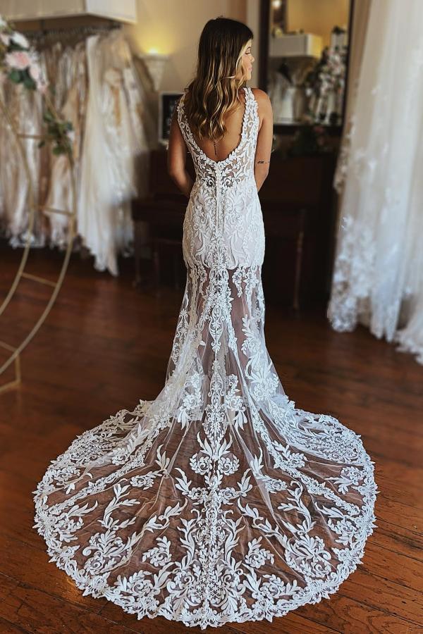Plunging V-Neck Embroidered Lace Mermaid Wedding Dress with Front Slit 2