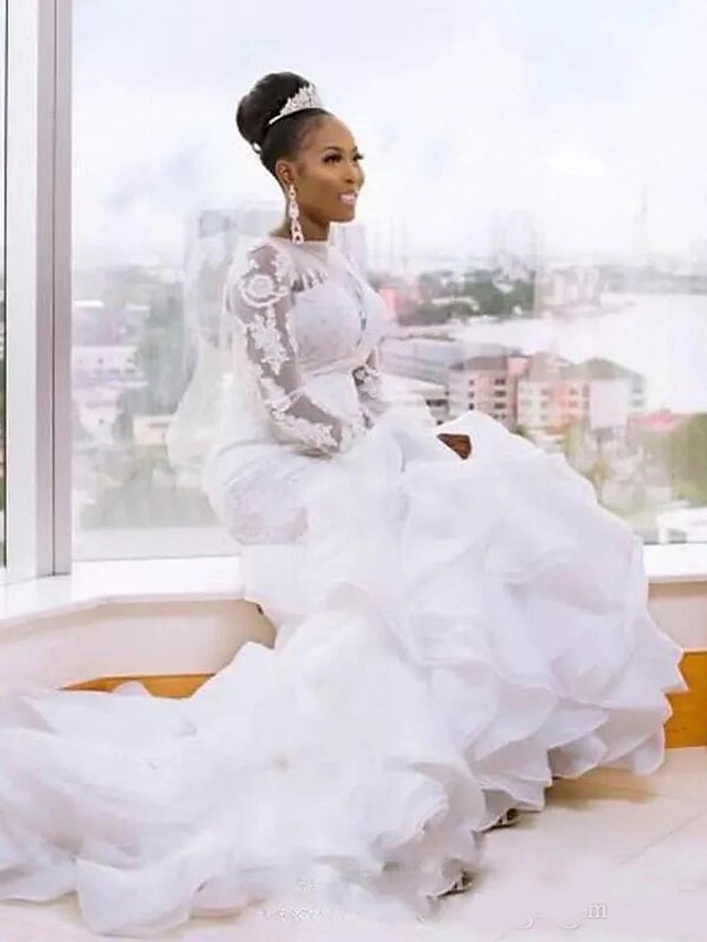 Mermaid Long Sleeves Court Train Organza Wedding Gown With Lace 2