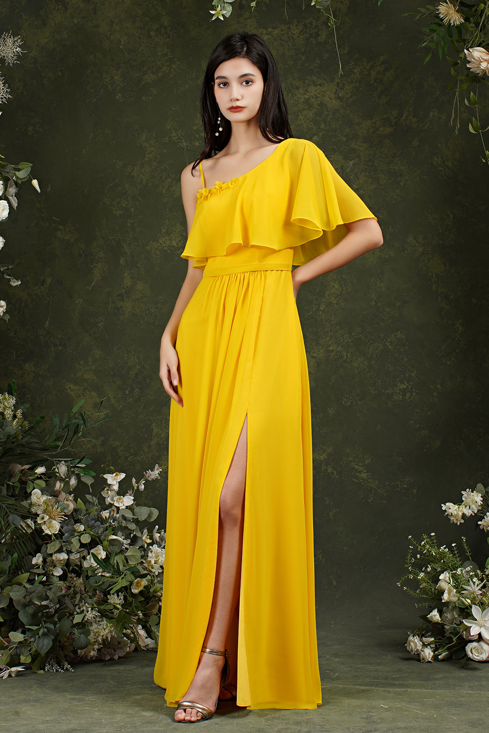 A-line Spaghetti Straps Sleeveless Floor-length 100D Chiffon Bridesmaid Outfit With Split Front 3