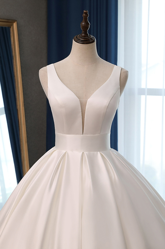 Ball Gown Plunging Neckline Sleeveless Floor-length Satin Wedding Dress With Ruffles 4