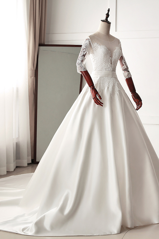 A-line Jewel Neck Long Sleeves Chapel Train Satin Wedding Gown With Lace 3