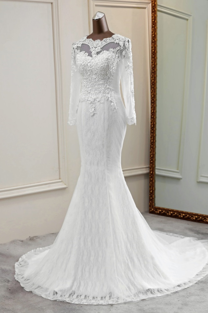 Mermaid Jewel Neck Long Sleeves Floor-length Tulle Wedding Gown With Lace 3