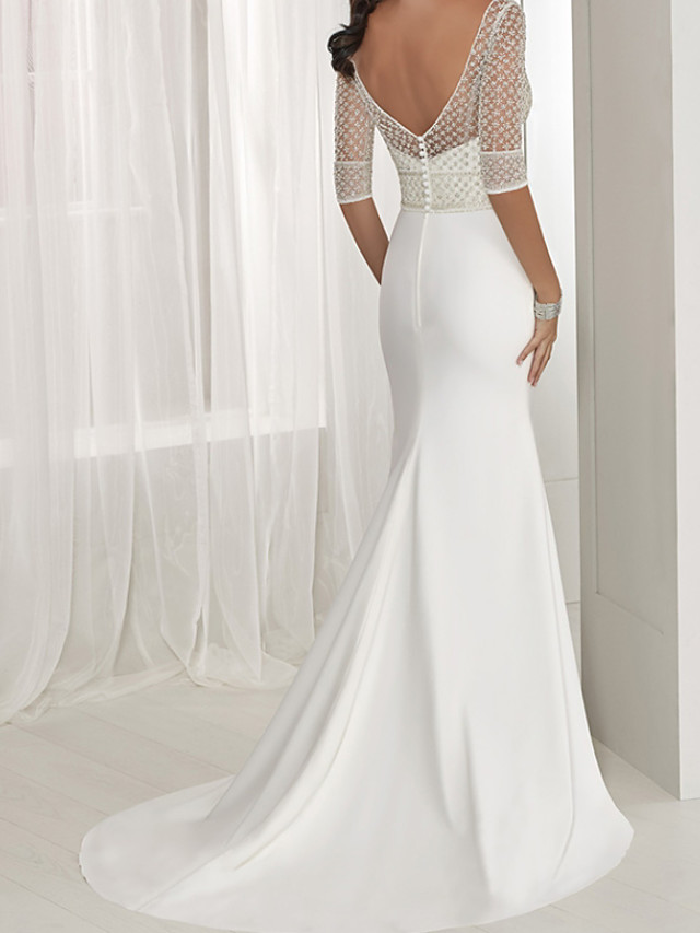 Two Pieces Half-Sleeves Sweep / Brush Train Lace Bridal Attire With Lace 3