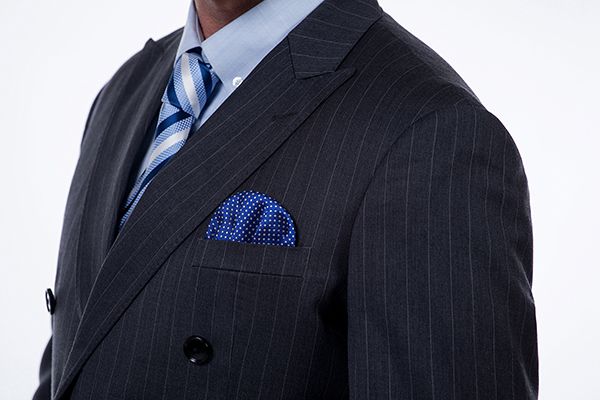 Black Striped Double Breasted Wool Blend Men's Suit with Peak Lapel 6