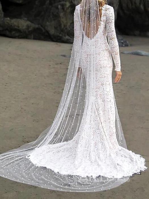 Mermaid V-neck Long Sleeves Court Train Lace Bridal Gown With Beading 2