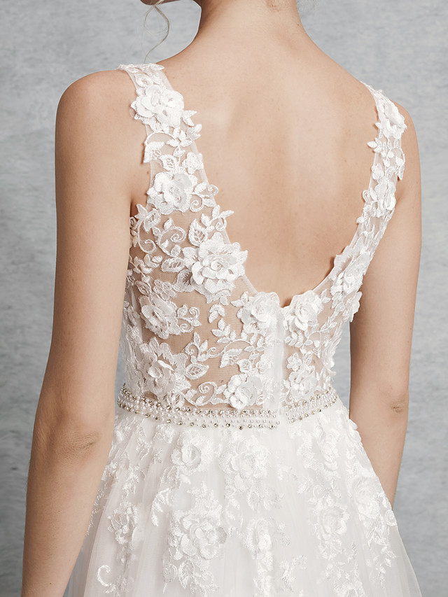 A-line Straps V-neck Court Train Lace Bridal Attire With Lace 7