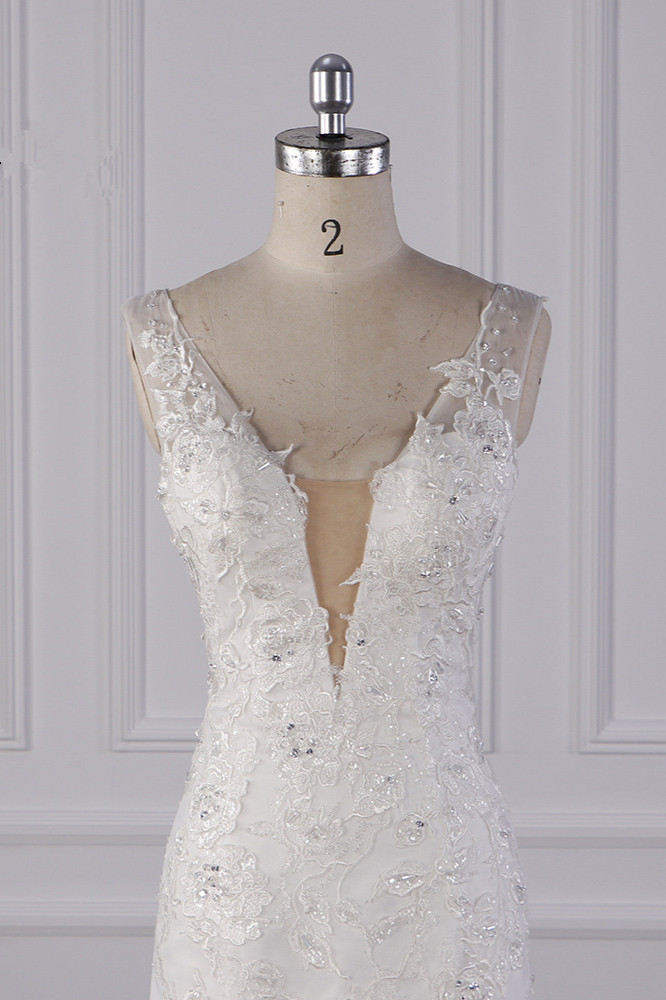 Mermaid Straps V-neck Sleeveless Floor-length Tulle Bridal Dress With Lace 4