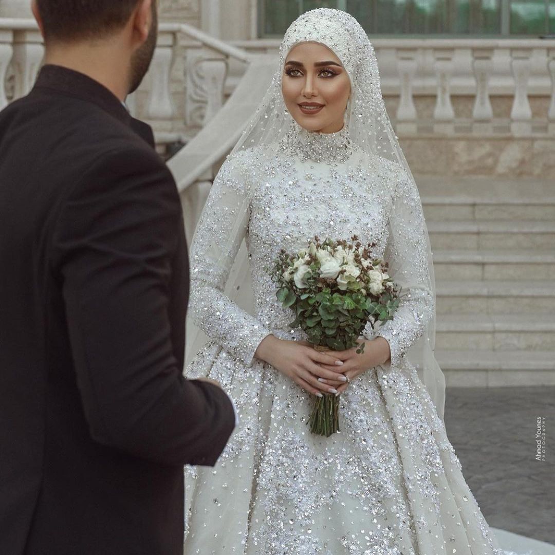 A-line High Neck Long Sleeves Sweep / Brush Train Satin Bridal Gown With Sequins 3