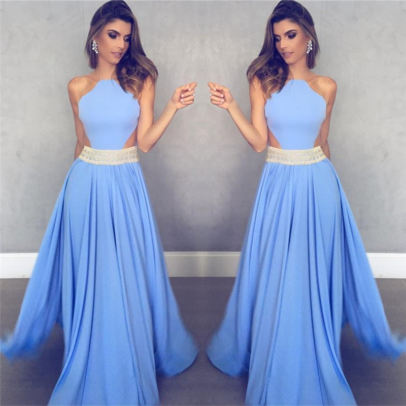 A-line High Neck Sleeveless Sweep / Brush Train 100D Chiffon Formal Dress With Beading 2