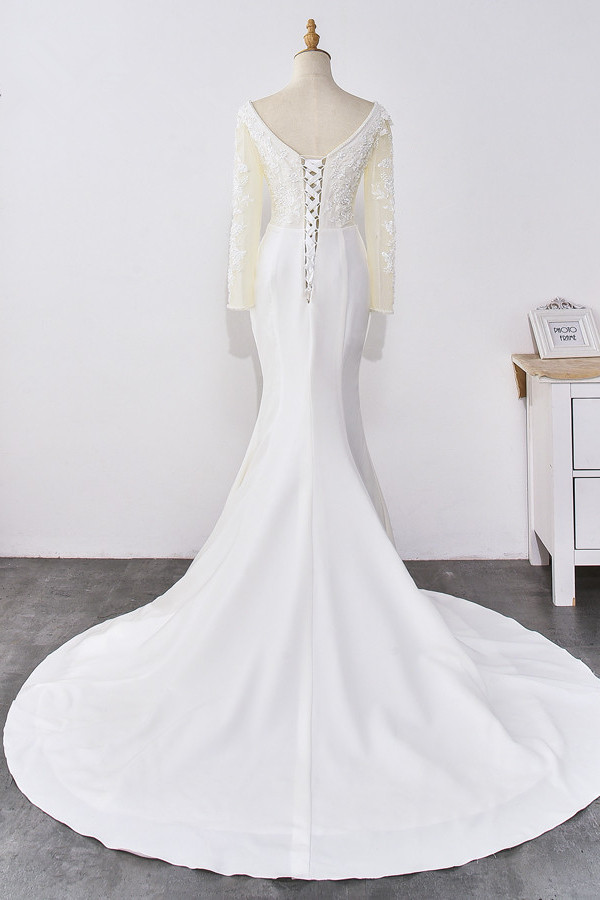 Mermaid Jewel Neck Long Sleeves Floor-length Satin Wedding Gown With Beading 2