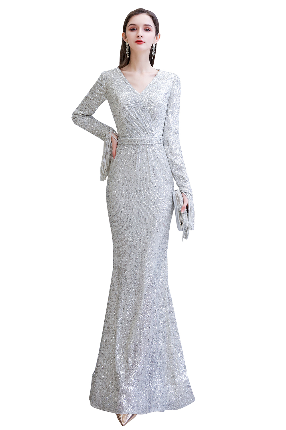 Mermaid V-neck Long Sleeves Sweep / Brush Train Tulle Formal Dress With Sequins 4