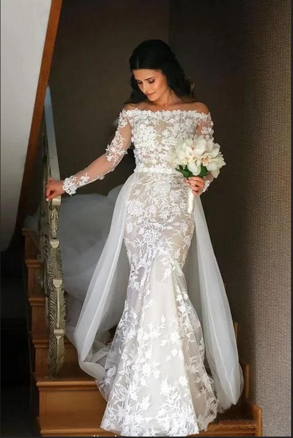 Mermaid Off-the-shoulder Long Sleeves Sweep / Brush Train Lace Wedding Dress With Lace 2
