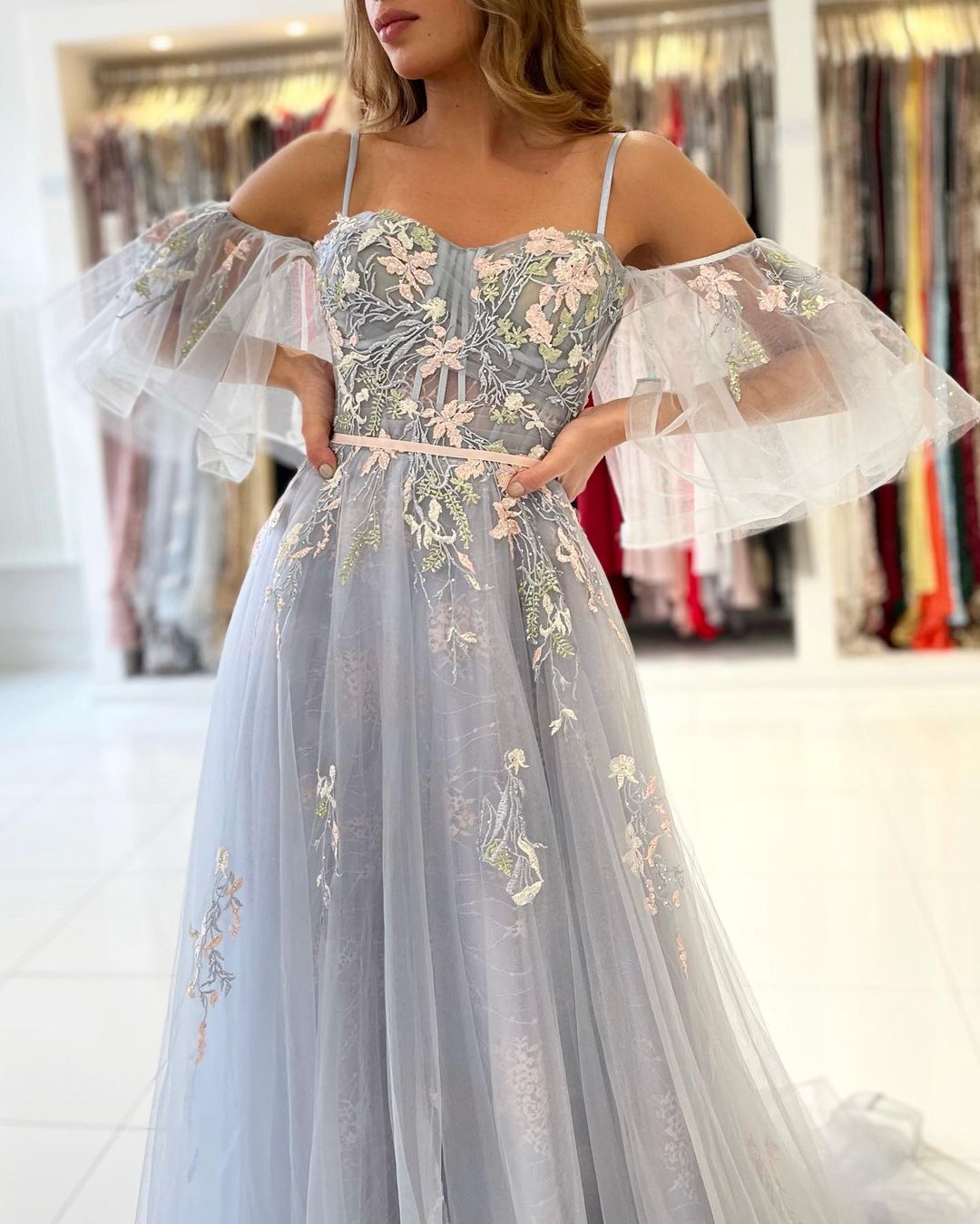 A-line Spaghetti Straps Sleeveless Floor-length Tulle Evening Dress With Lace 5