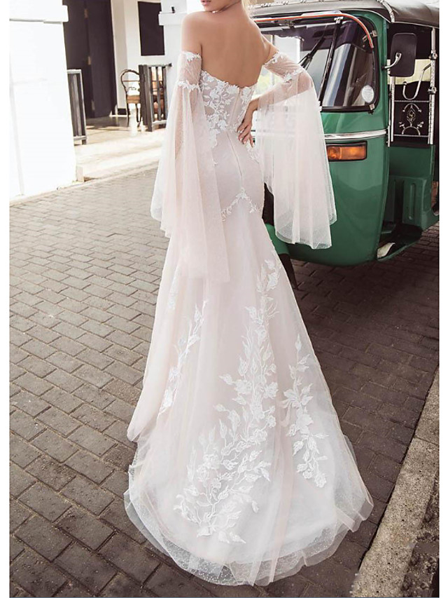 Mermaid Strapless Long Sleeves Sweep / Brush Train Tulle Wedding Dress With Lace 2