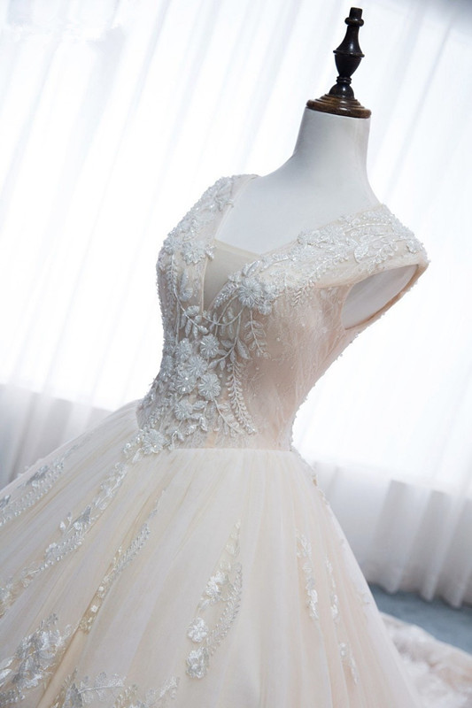 A-line V-neck Sleeveless Floor-length Tulle Bridal Dress With Crystal 5