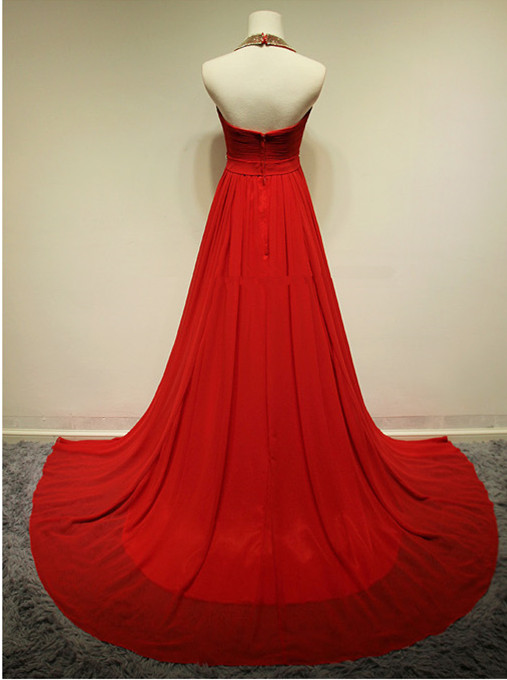 A-line Halter-neck Sleeveless Court Train Tulle Evening Gown With Beading 2