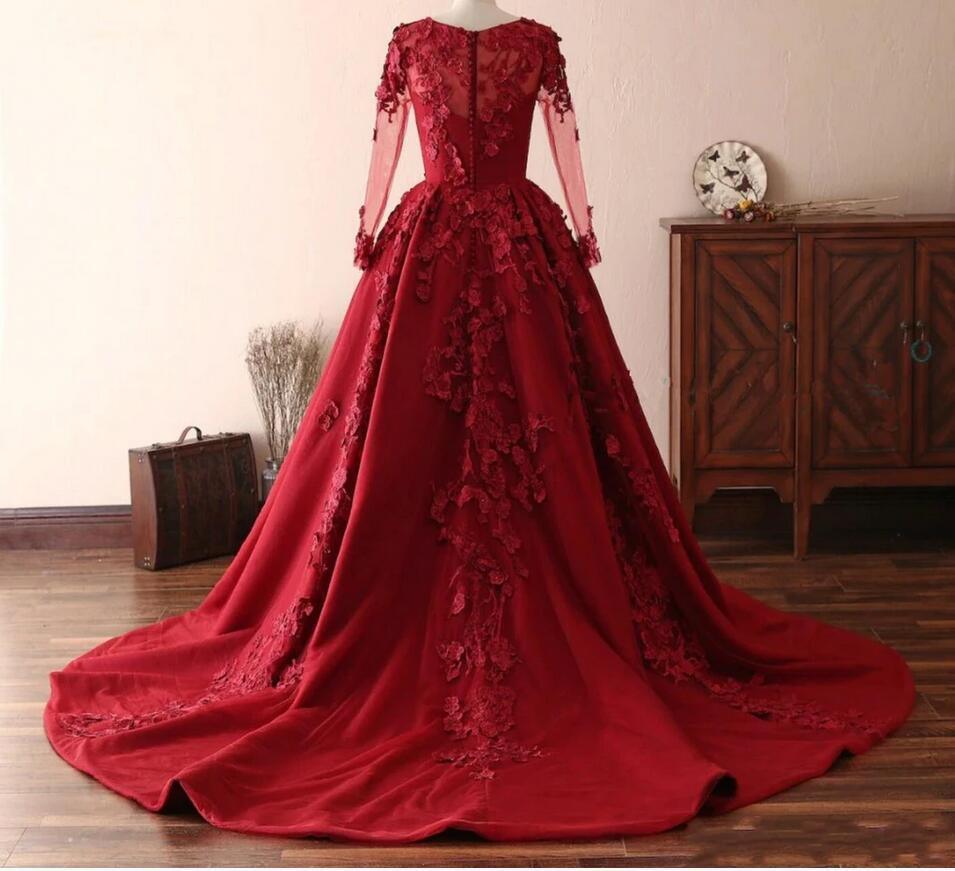 A-line Jewel Neck Long Sleeves Floor-length Tulle Formal Dress With Lace 2
