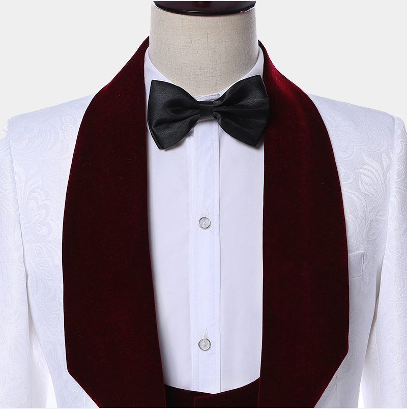 White Jacquard Floral Tuxedo with Burgundy Lapel 4