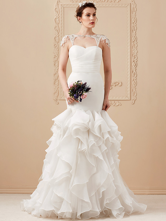 Mermaid Sweetheart Neck Cap Sleeves Sweep / Brush Train Organza Bridal Dress With Buttons 6