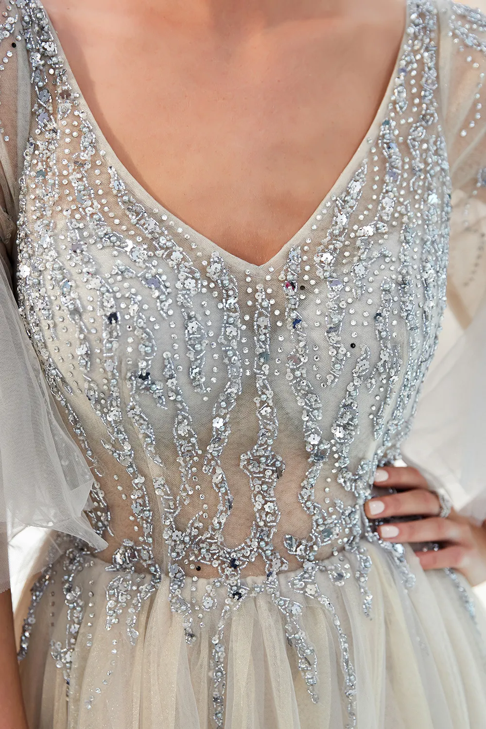 A-line V-neck Half-Sleeves Court Train Tulle Evening Gown With Beading 13