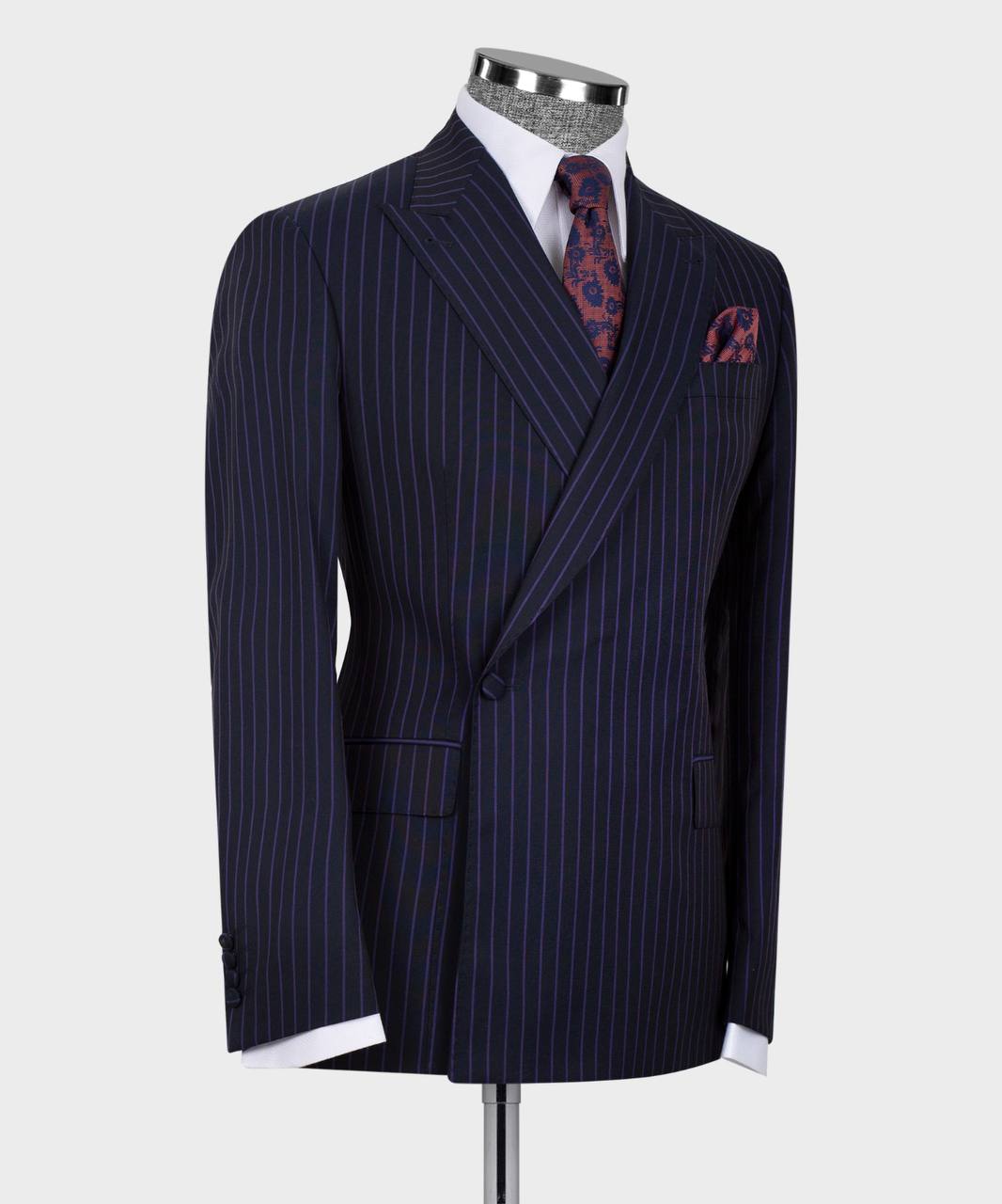 Dark Navy One Button Striped Peaked Lapel Men Suit 2
