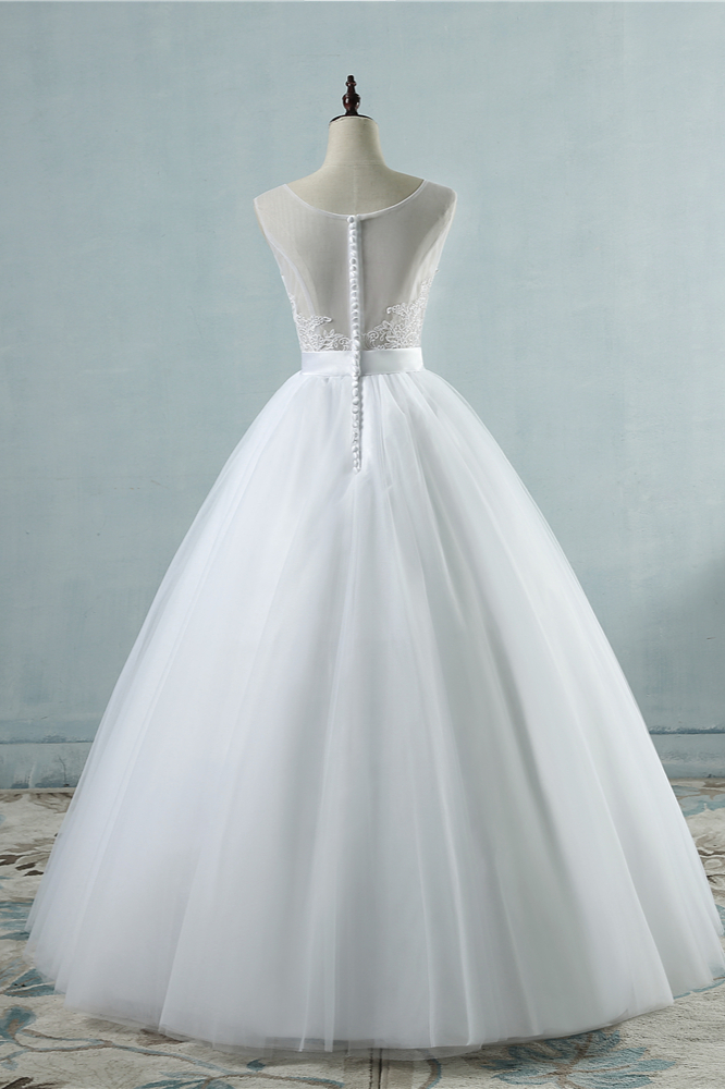 A-line Straps Jewel Neck Sleeveless Floor-length Tulle Bridal Dress With Appliques 2