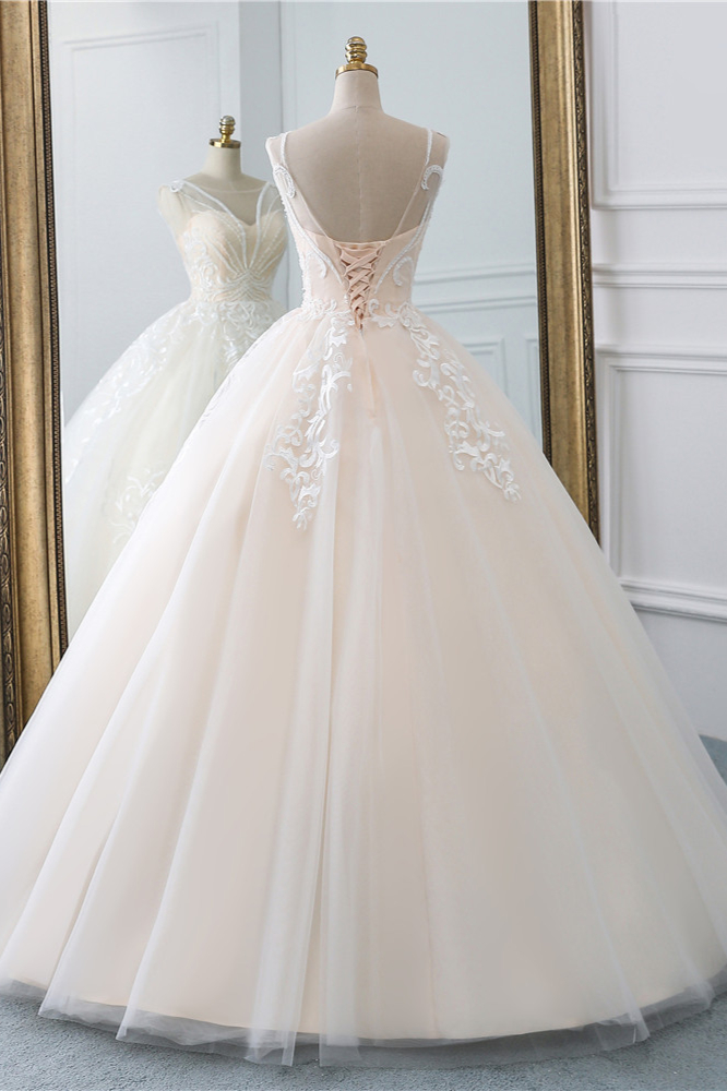 Ball Gown Jewel Neck Sleeveless Floor-length Tulle Bridal Dress With Lace 2