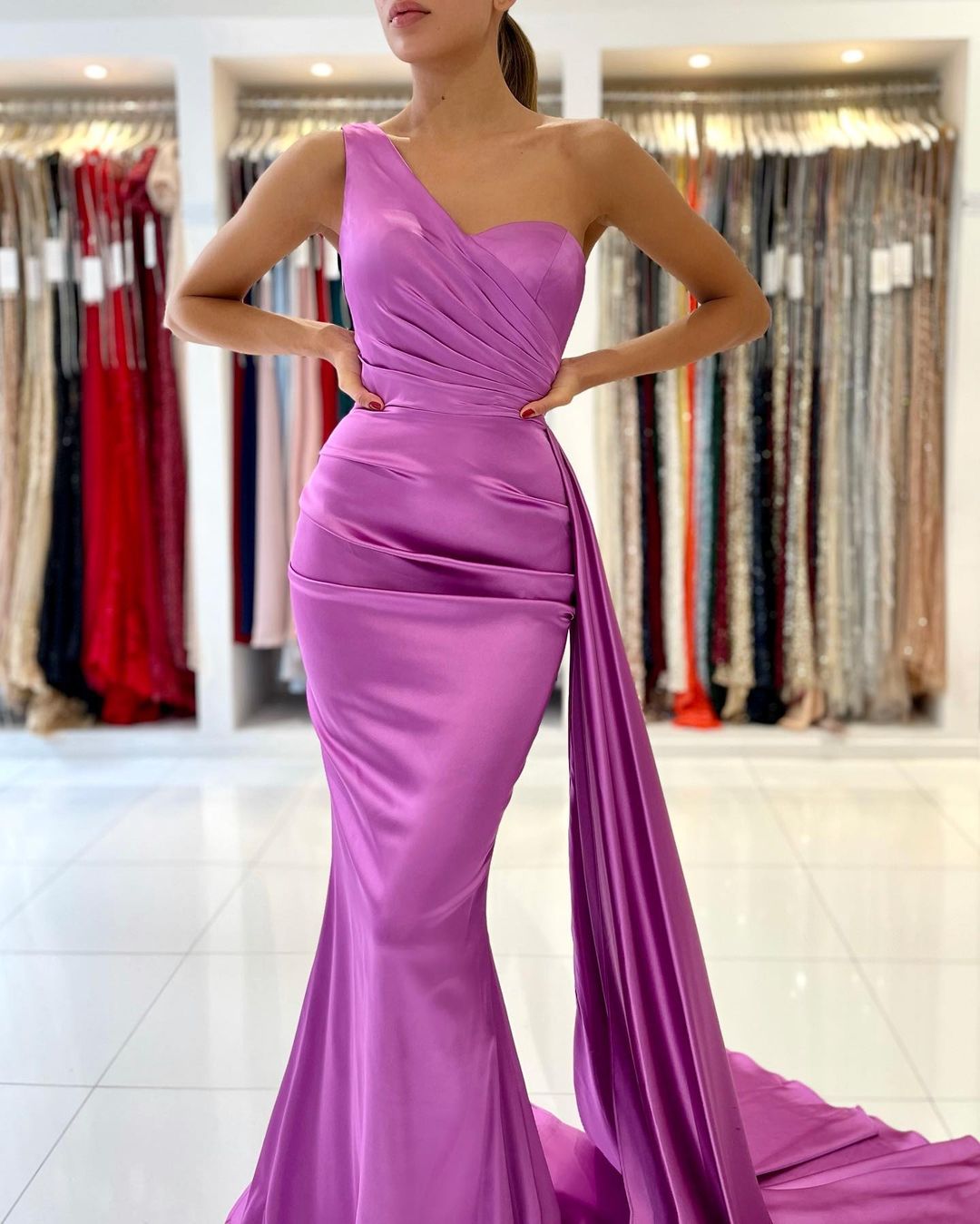 Mermaid One Shoulder Sleeveless Floor-length Stretch Satin Formal Dress With Ruffles 3