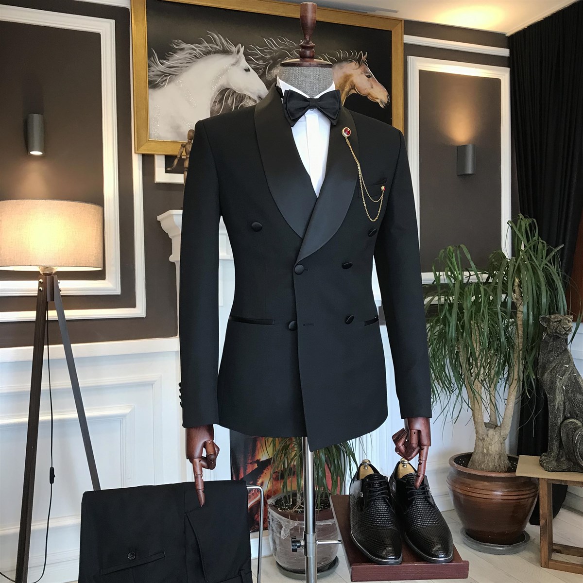 Black Double Breasted Slim Fit Tailored Men Suit 3