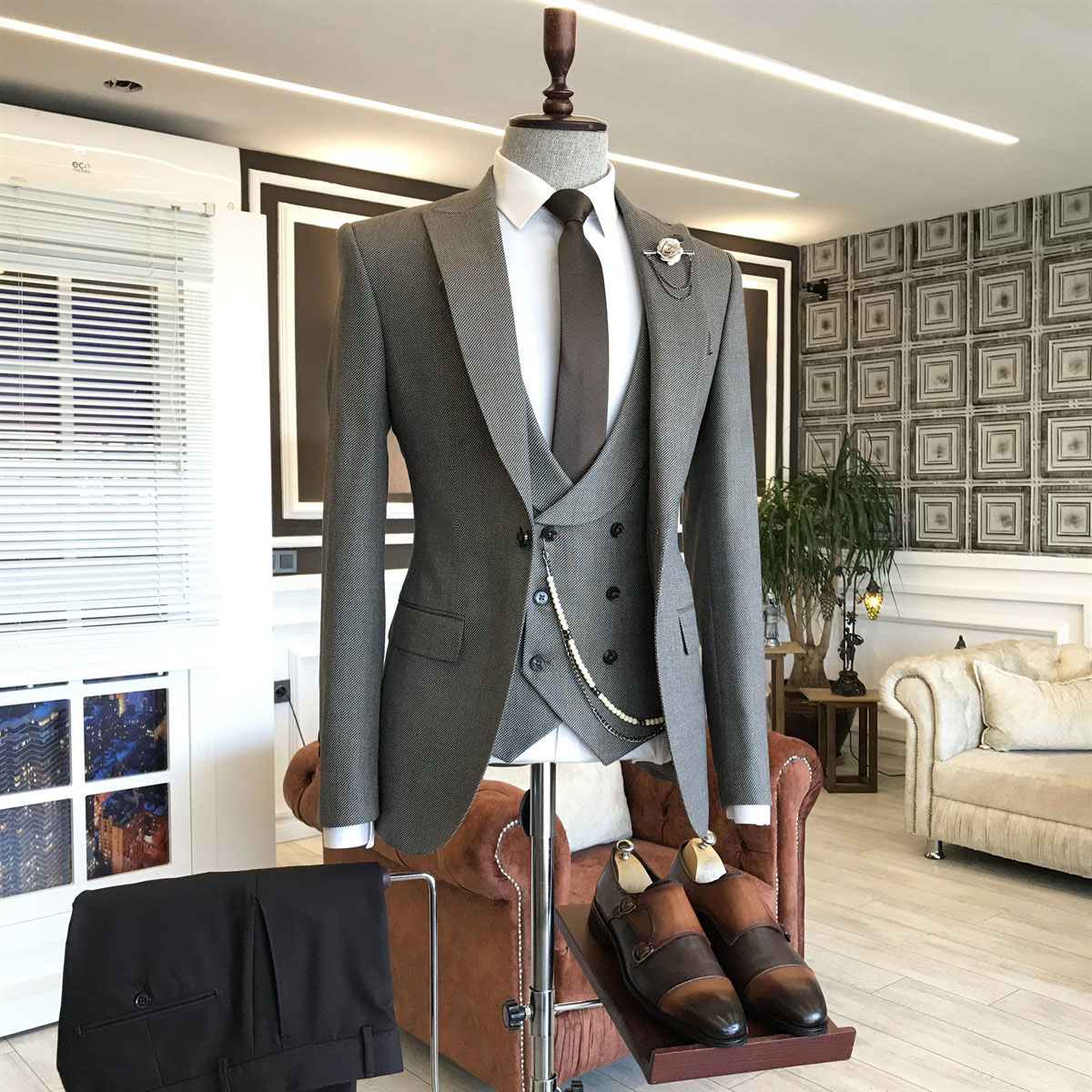 Gray Double Breasted Business Suit 2