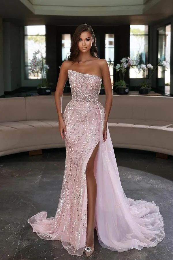 Mermaid Strapless Sleeveless Floor-length Tulle Formal Dress With Crystal 1