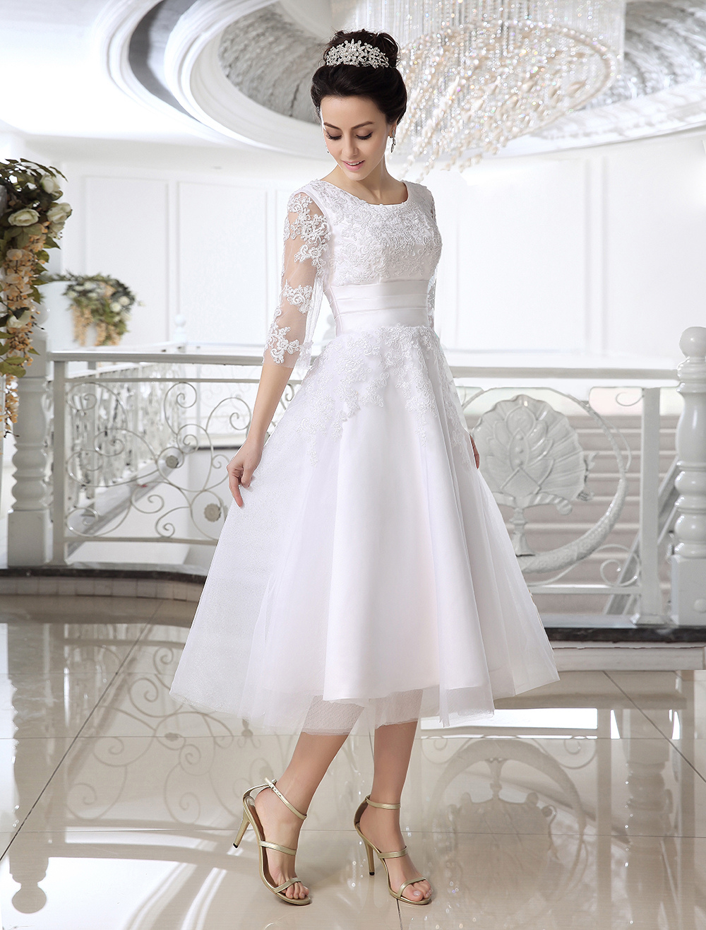 A-line Half-Sleeves Mini Lace Bridal Gown With Lace 2