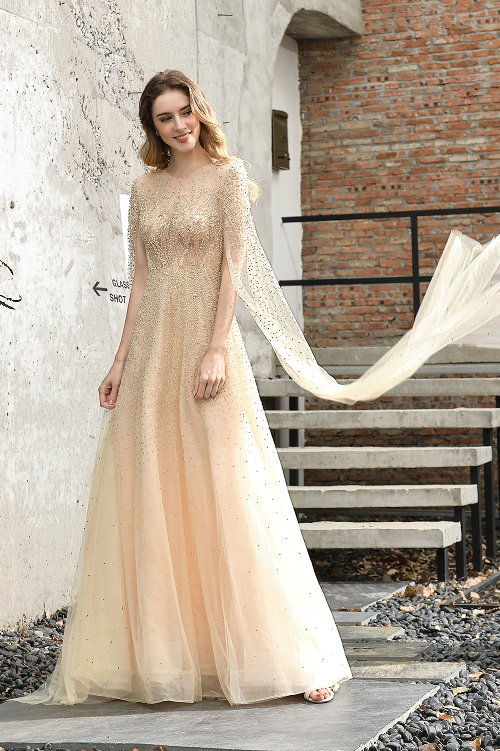 A-line Jewel Neck Long Sleeves Sweep / Brush Train Tulle Evening Gown With Beading 8