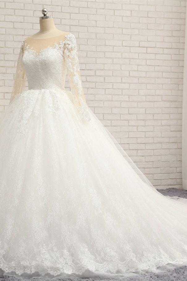 Ball Gown Long Sleeves Floor-length Tulle Bridal Dress With Appliques 3