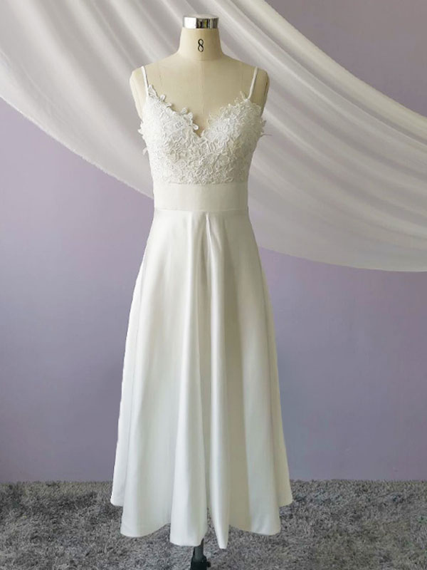 A-line Straps V-neck Sleeveless Mini Lace Bridal Dress With Lace 4