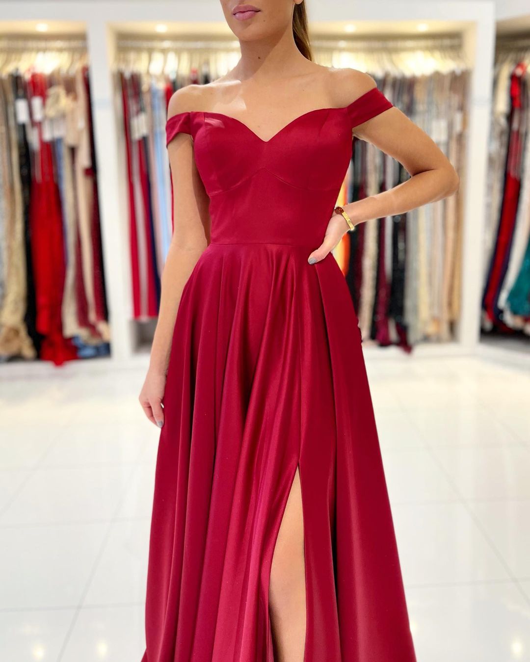 A-line Off-the-shoulder Sleeveless Floor-length Stretch Satin Evening Gown With Ruched 3