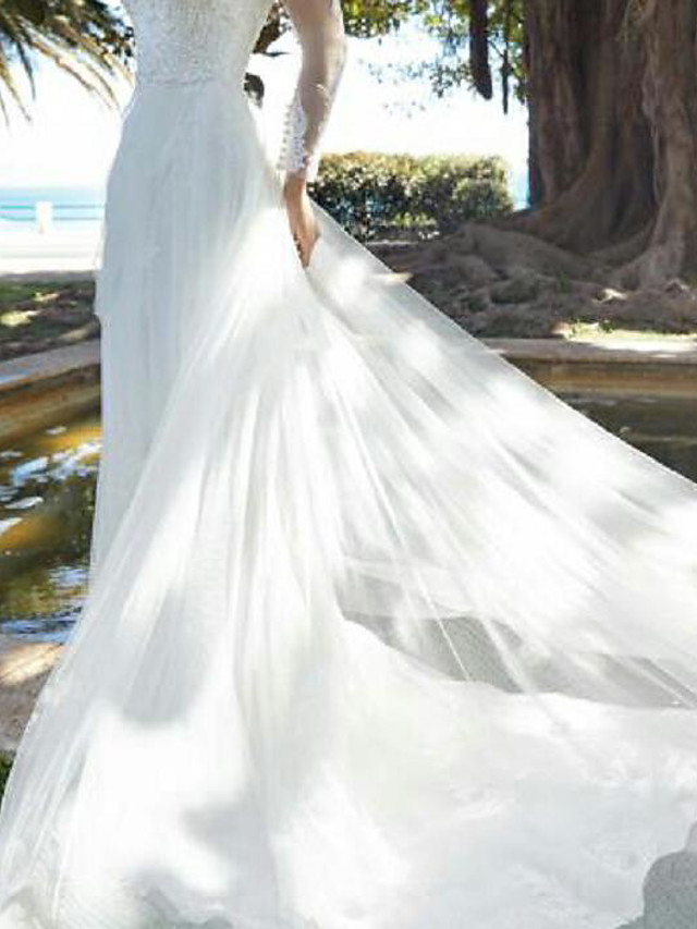 A-line Long Sleeves Court Train Lace Bridal Gown With Buttons 3