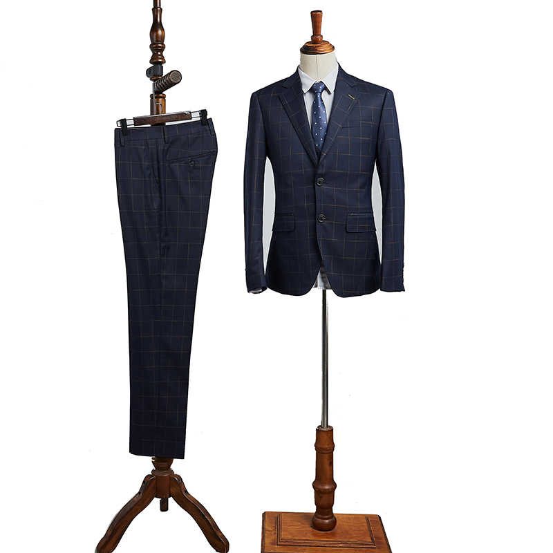 Navy Blue Plaid Notched Lapel 2 Button Business Suit 2