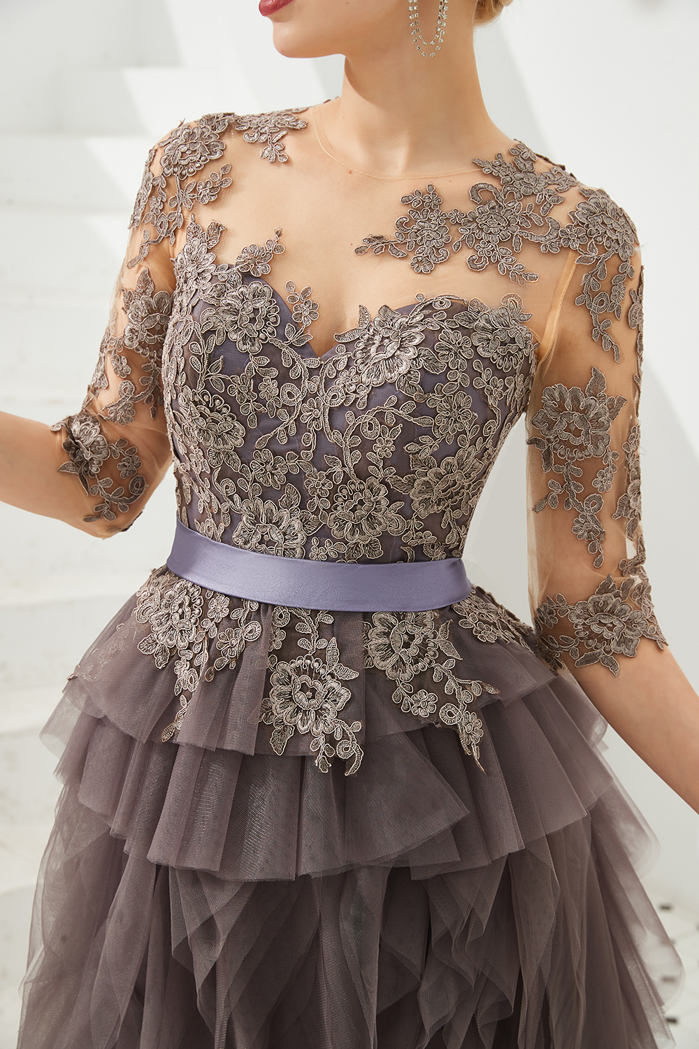 A-line Jewel Neck Short Sleeves Sweep / Brush Train Tulle Wedding Gown With Lace 5