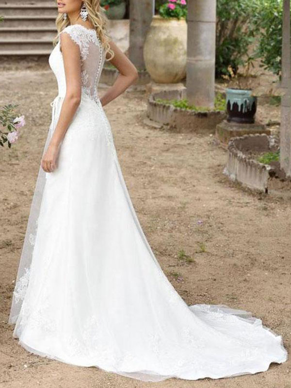 A-line V-neck Sleeveless Court Train Lace Bridal Gown With Lace 2