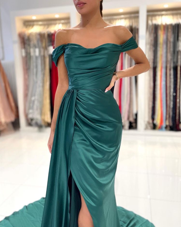 Mermaid Off-the-shoulder Sleeveless Floor-length Stretch Satin Evening Gown With Ruffles 4