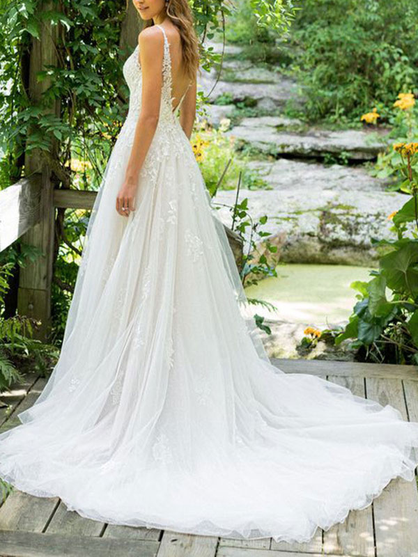 A-line V-neck Sleeveless Floor-length Bridal Gown With Court Train 2