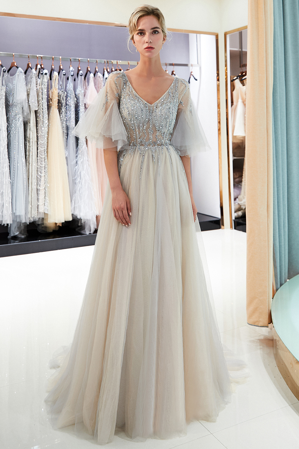 A-line V-neck Half-Sleeves Court Train Tulle Evening Gown With Beading 7