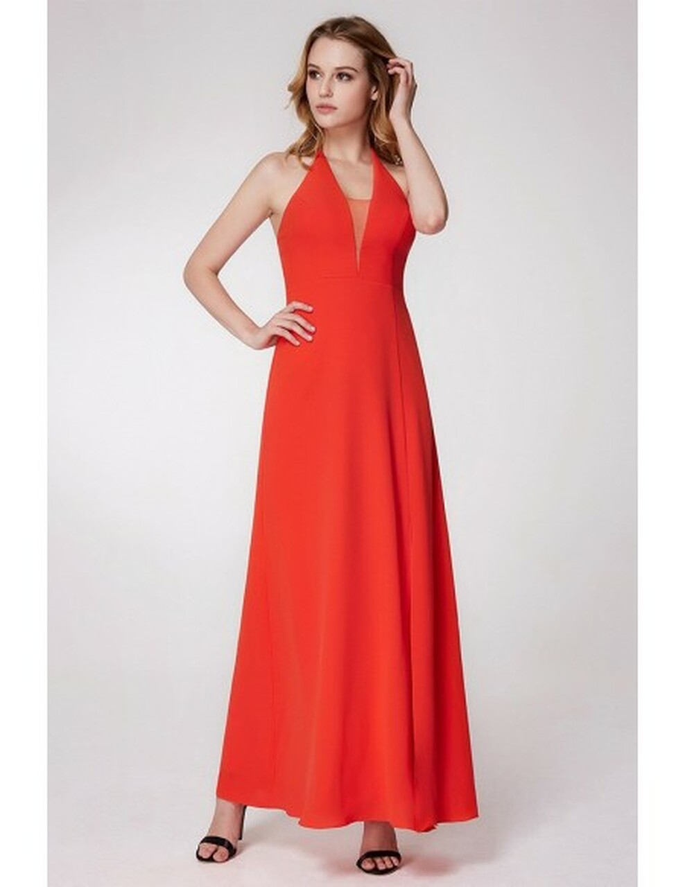 Long Slit Front Halter Orange Bridesmaid Dress 4