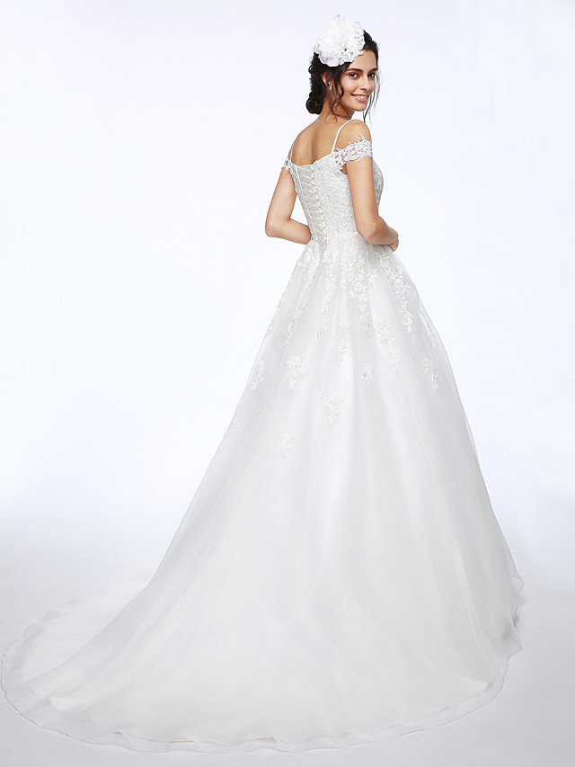 Ball Gown Short Sleeves Court Train Organza Wedding Gown With Lace 2