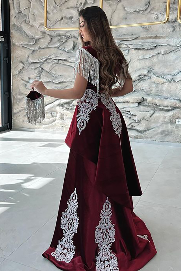 Straps Cap Sleeves Floor-length Spandex Evening Dress With Appliques 4