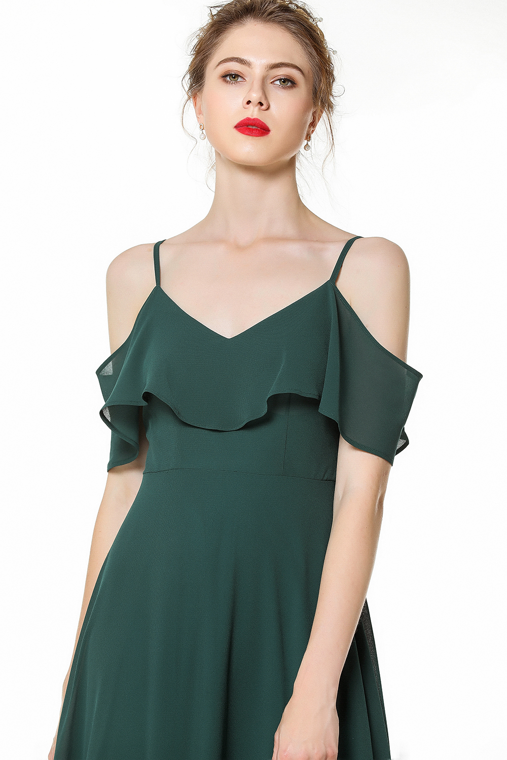 A-line Spaghetti Straps Sleeveless Sweep / Brush Train 100D Chiffon Bridesmaid Gown With Tiered 4