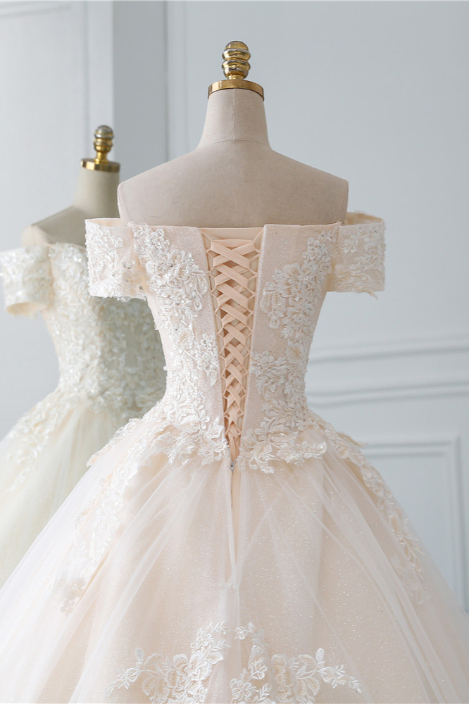 A-line Bateau Neck Short Sleeves Cathedral Train Tulle Wedding Gown With Appliques 6