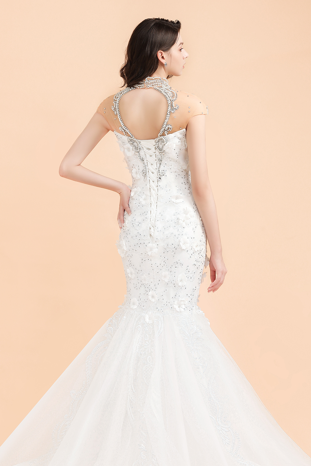Mermaid High Neck Sleeveless Sweep / Brush Train Tulle Wedding Gown With Crystal 8